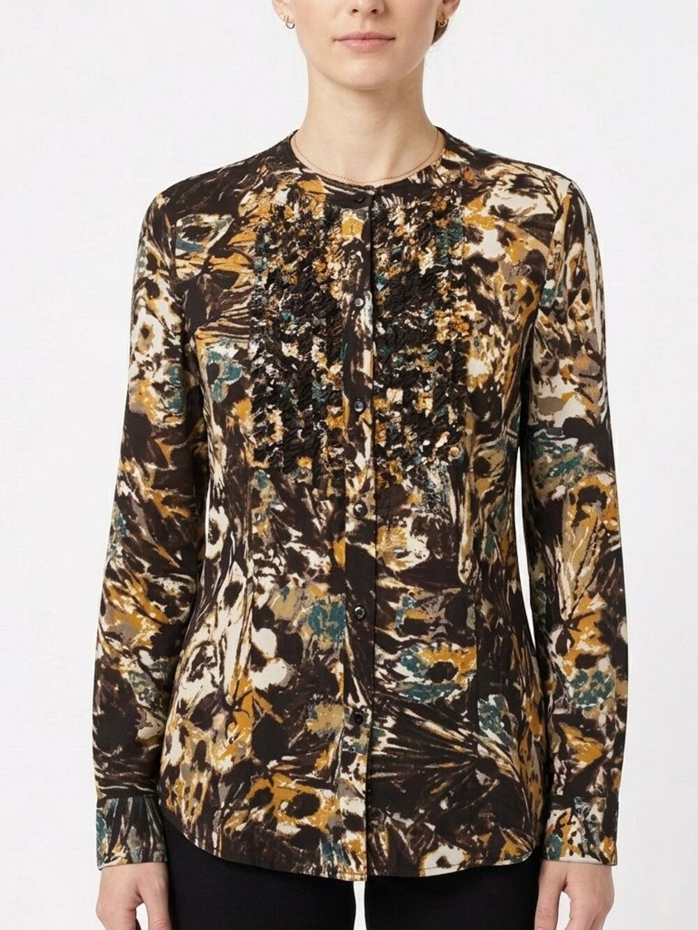 Mac & Jac Autumn Print Mandarin Collar Micro Ruffle Front Blouse NEW- Sz. Med